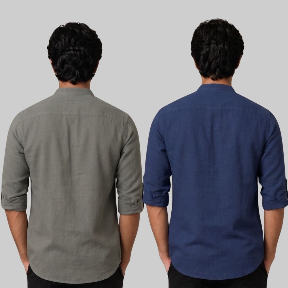 Combo of 2 Linen Solid Short Kurta Gray and Navy Blue-51064