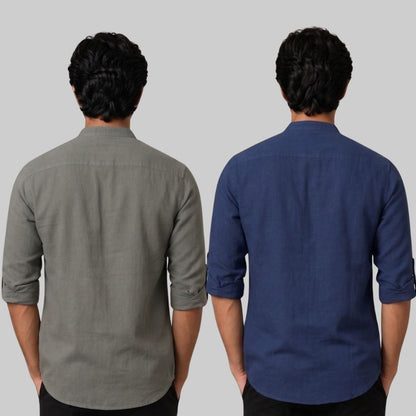 Combo of 2 Linen Solid Short Kurta Gray and Navy Blue-51064