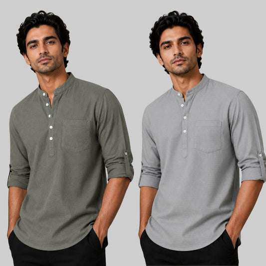 Combo of 2 Linen Solid Short Kurta Gray and Off White-51071