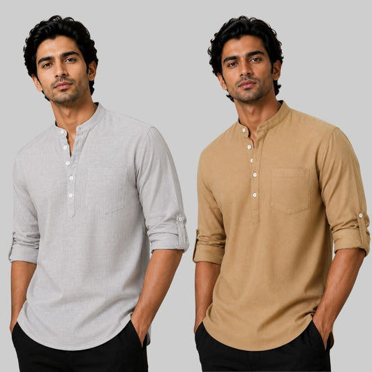 Combo of 2 Linen Solid Short Kurta Light Gray and Dark Beige-51103