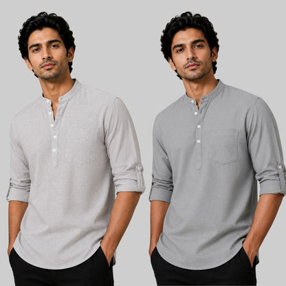 Combo of 2 Linen Solid Short Kurta Light Gray and Off White-51104