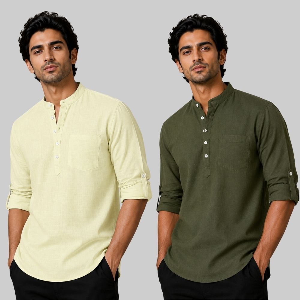Combo of 2 Linen Solid Short Kurta Light Yellow and Army Green-51093
