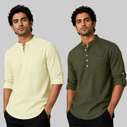 Combo of 2 Linen Solid Short Kurta Light Yellow and Army Green-51093