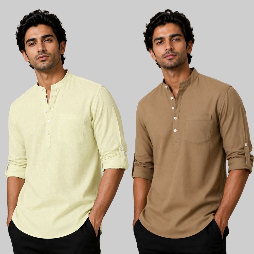 Combo of 2 Linen Solid Short Kurta Light Yellow and Brown-51095