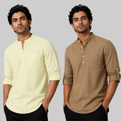 Combo of 2 Linen Solid Short Kurta Light Yellow and Brown-51095