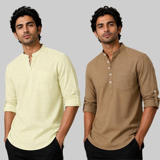 Combo of 2 Linen Solid Short Kurta Light Yellow and Brown-51095