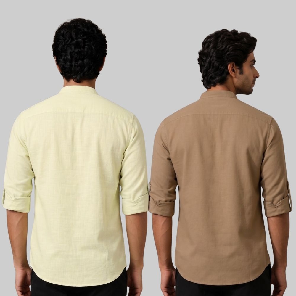 Combo of 2 Linen Solid Short Kurta Light Yellow and Brown-51095