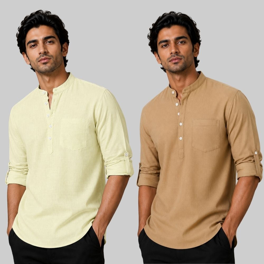 Combo of 2 Linen Solid Short Kurta Light Yellow and Dark Beige-51096