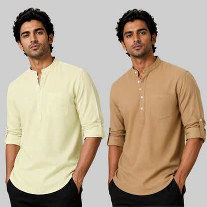 Combo of 2 Linen Solid Short Kurta Light Yellow and Dark Beige-51096