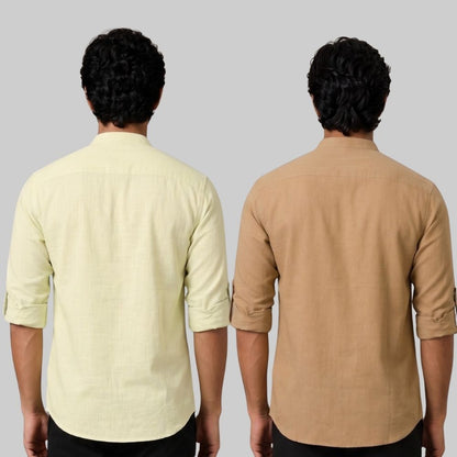 Combo of 2 Linen Solid Short Kurta Light Yellow and Dark Beige-51096