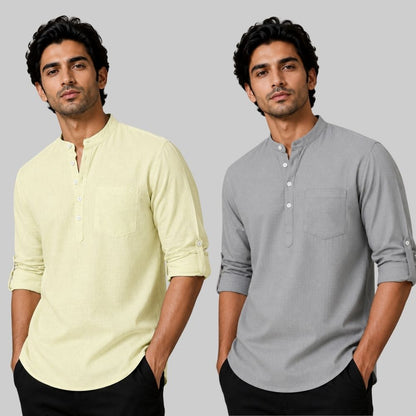 Combo of 2 Linen Solid Short Kurta Light Yellow and Off White-51097