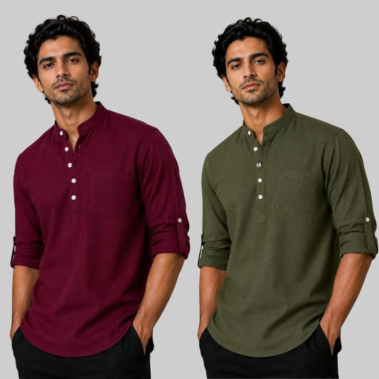 Combo of 2 Linen Solid Short Kurta Maroon and Army Green-51058