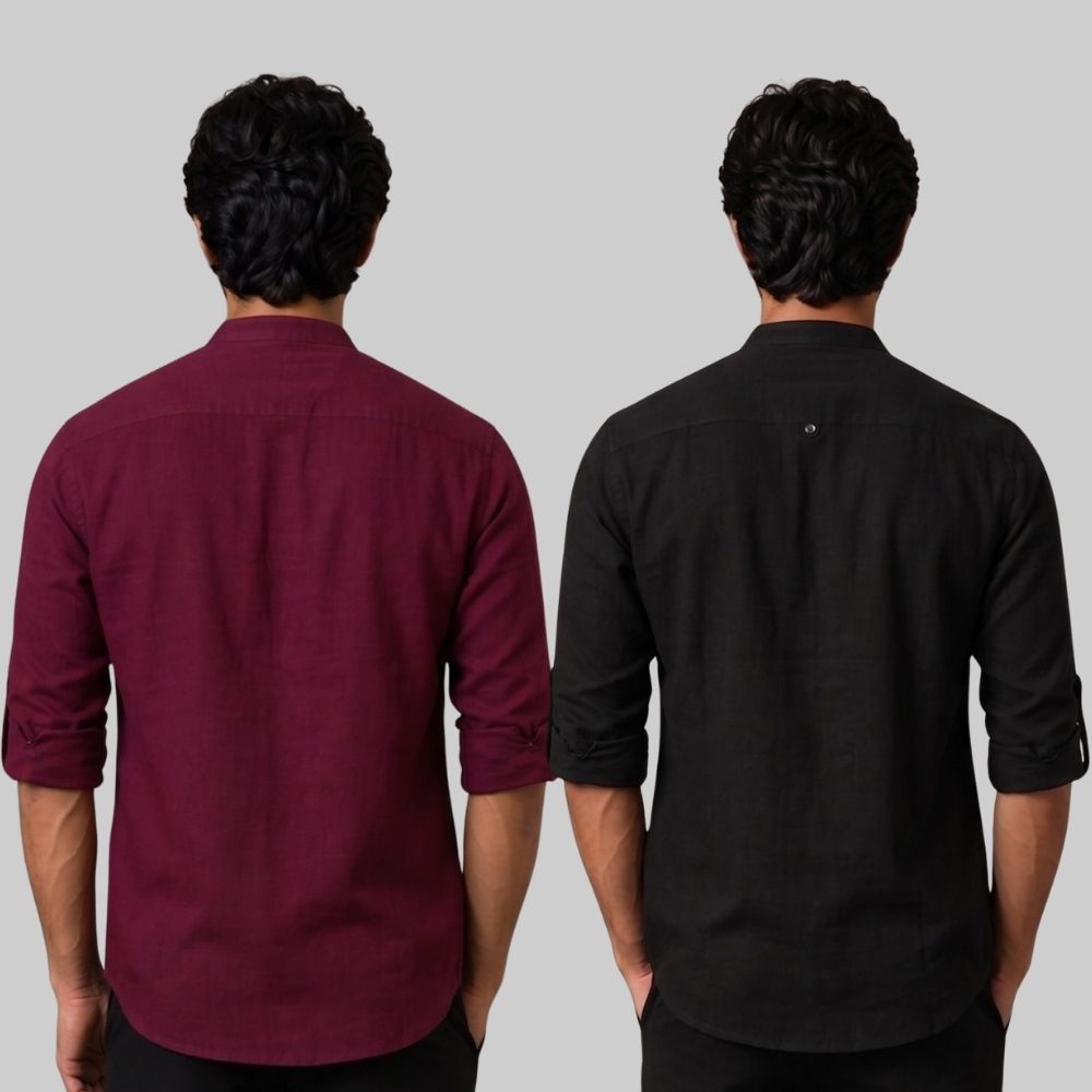 Combo of 2 Linen Solid Short Kurta Maroon and Black-51054