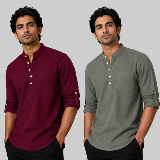 Combo of 2 Linen Solid Short Kurta Maroon and Gray-51053