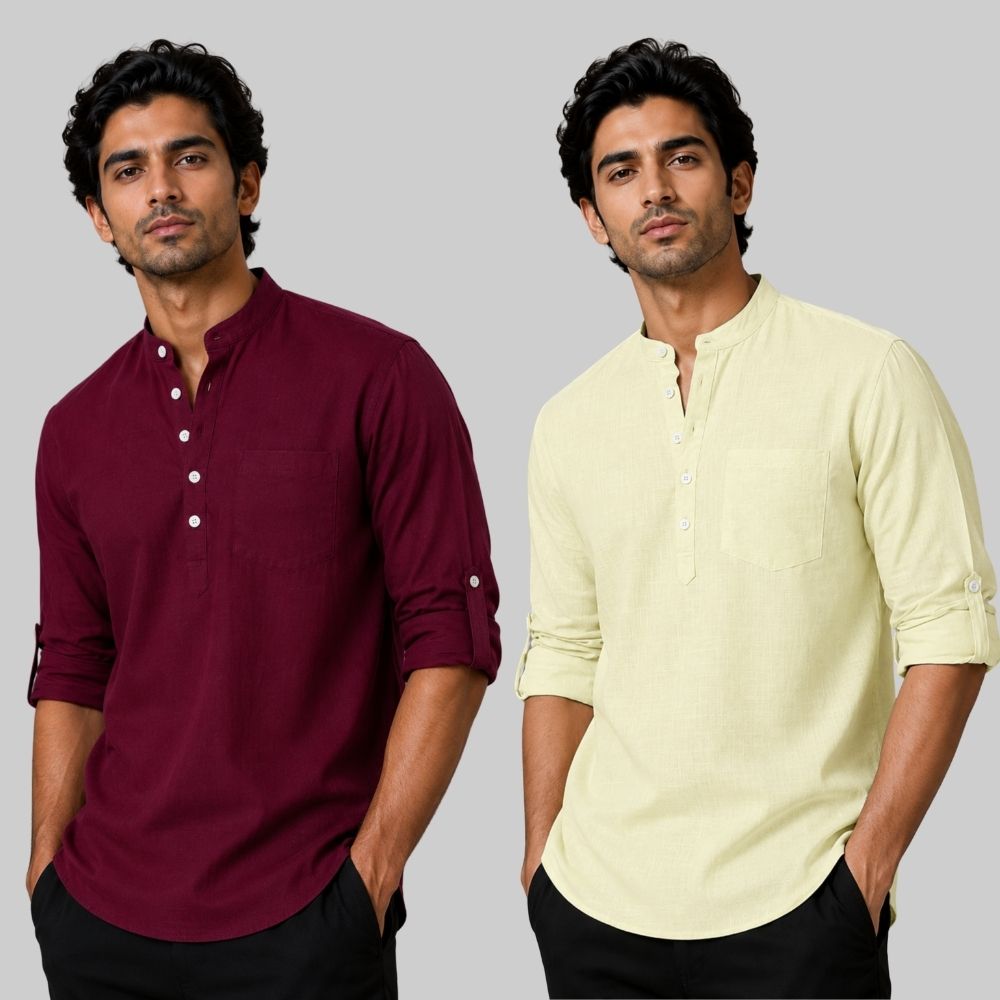 Combo of 2 Linen Solid Short Kurta Maroon and Light Yellow-51057