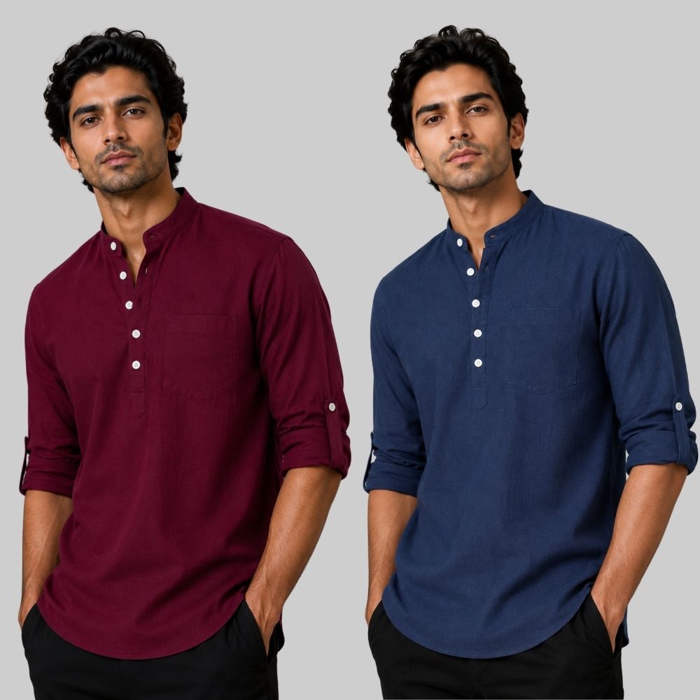 Combo of 2 Linen Solid Short Kurta Maroon and Navy Blue-51055