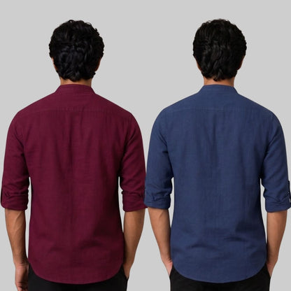 Combo of 2 Linen Solid Short Kurta Maroon and Navy Blue-51055