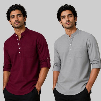Combo of 2 Linen Solid Short Kurta Maroon and Off White-51062