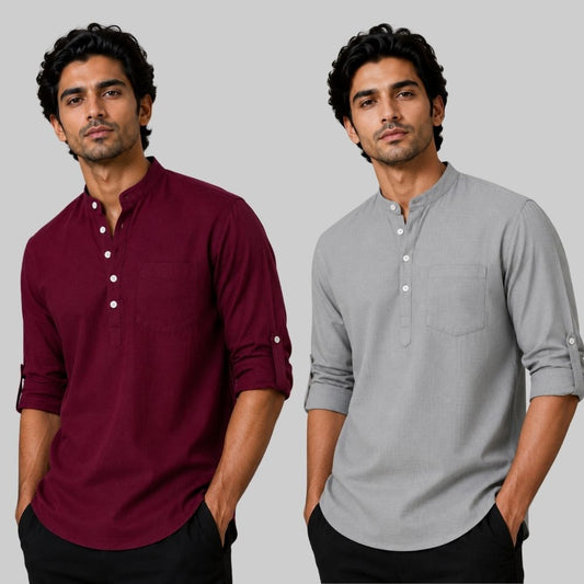 Combo of 2 Linen Solid Short Kurta Maroon and Off White-51062