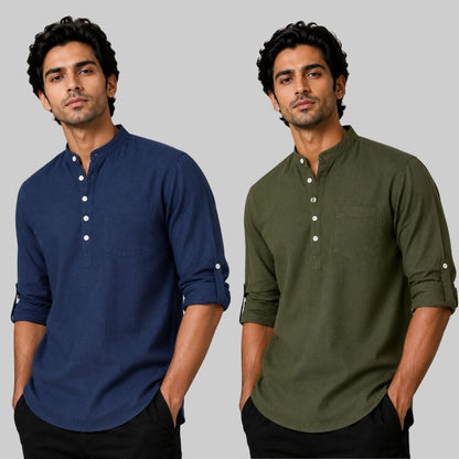Combo of 2 Linen Solid Short Kurta Navy Blue and Army Green-51082