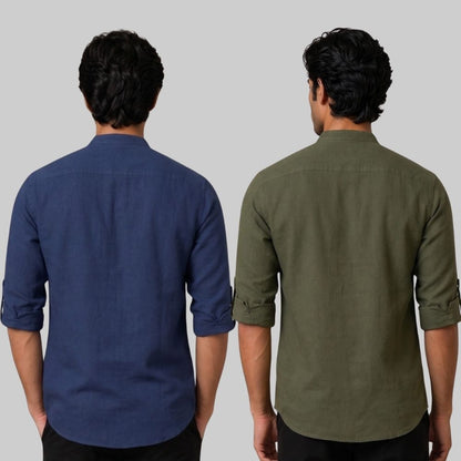 Combo of 2 Linen Solid Short Kurta Navy Blue and Army Green-51082