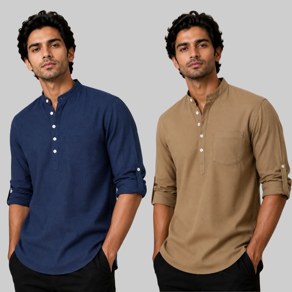 Combo of 2 Linen Solid Short Kurta Navy Blue and Brown-51084