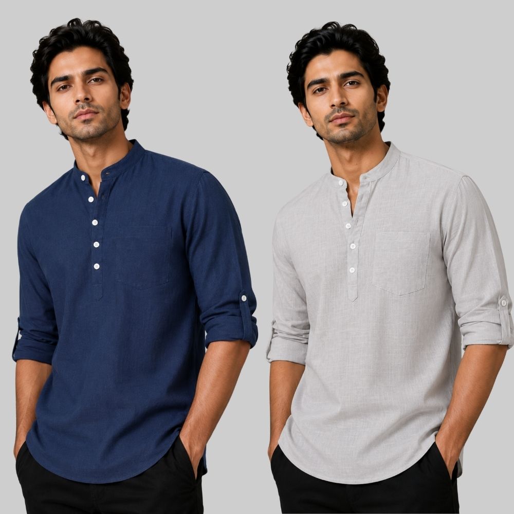 Combo of 2 Linen Solid Short Kurta Navy Blue and Light Gray-51083