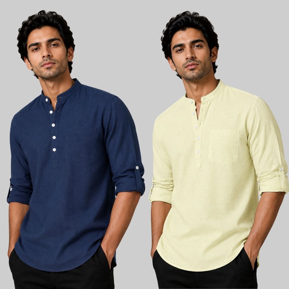 Combo of 2 Linen Solid Short Kurta Navy Blue and Light Yellow-51081