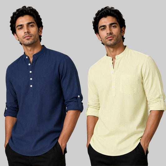 Combo of 2 Linen Solid Short Kurta Navy Blue and Light Yellow-51081