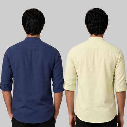 Combo of 2 Linen Solid Short Kurta Navy Blue and Light Yellow-51081