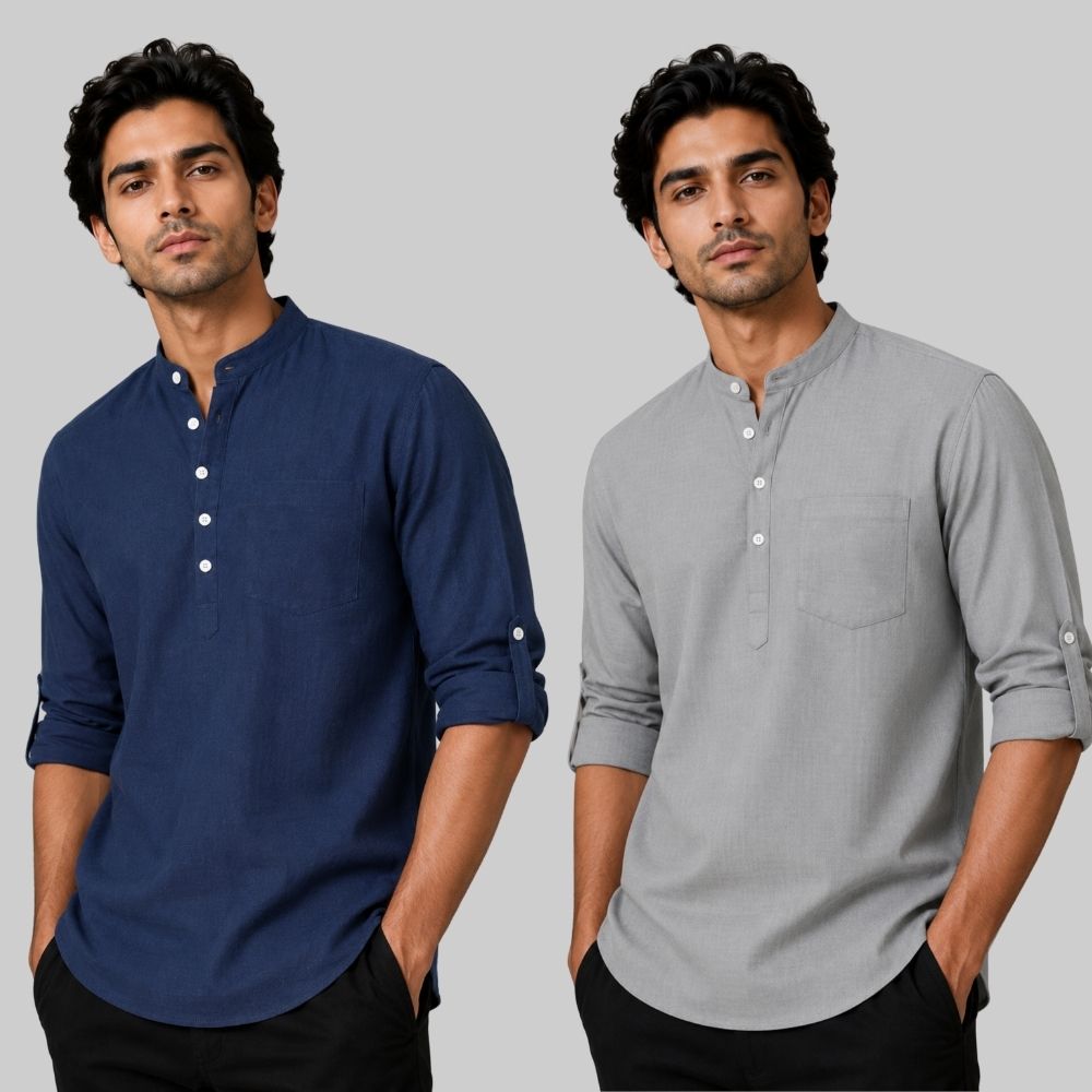 Combo of 2 Linen Solid Short Kurta Navy Blue and Off White-51086