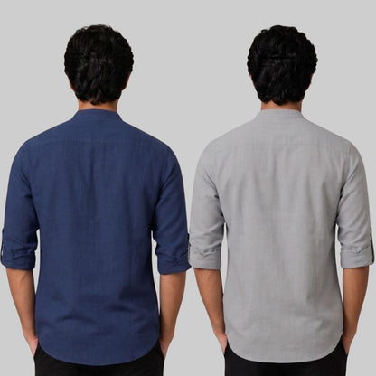 Combo of 2 Linen Solid Short Kurta Navy Blue and Off White-51086