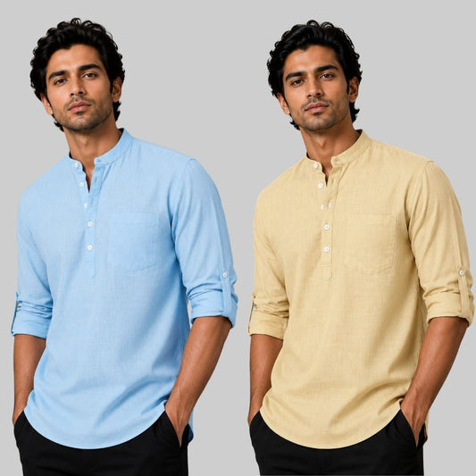 Combo of 2 Linen Solid Short Kurta Sky Blue and Beige-51046