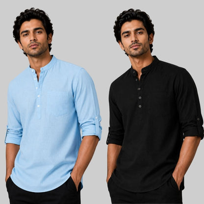 Combo of 2 Linen Solid Short Kurta Sky Blue and Black-51044
