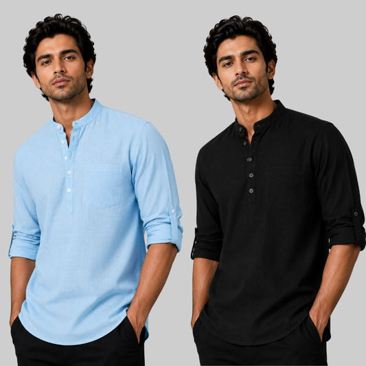 Combo of 2 Linen Solid Short Kurta Sky Blue and Black-51044