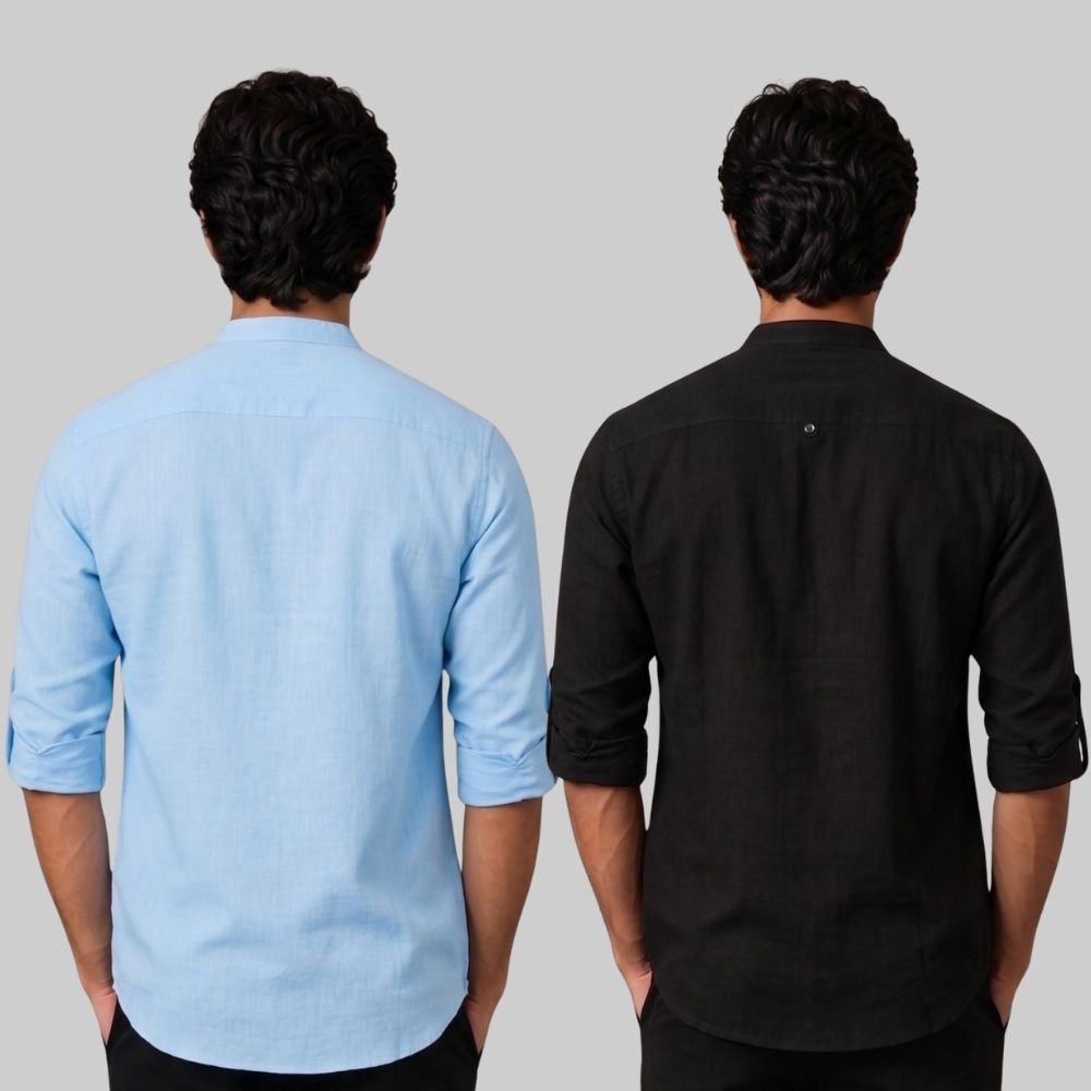 Combo of 2 Linen Solid Short Kurta Sky Blue and Black-51044
