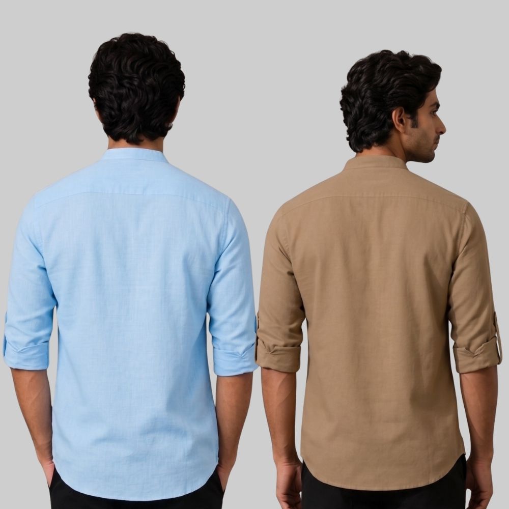 Combo of 2 Linen Solid Short Kurta Sky Blue and Brown-51050