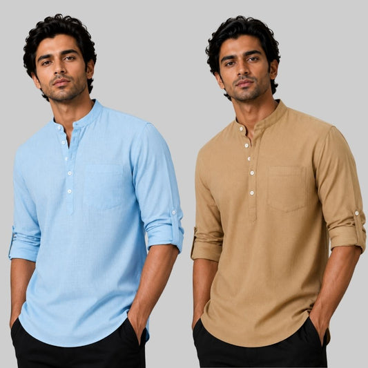 Combo of 2 Linen Solid Short Kurta Sky Blue and Dark Beige-51051