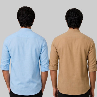 Combo of 2 Linen Solid Short Kurta Sky Blue and Dark Beige-51051