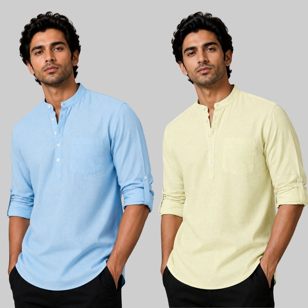 Combo of 2 Linen Solid Short Kurta Sky Blue and Light Yellow-51047