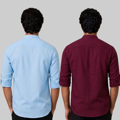 Combo of 2 Linen Solid Short Kurta Sky Blue and Maroon-51042