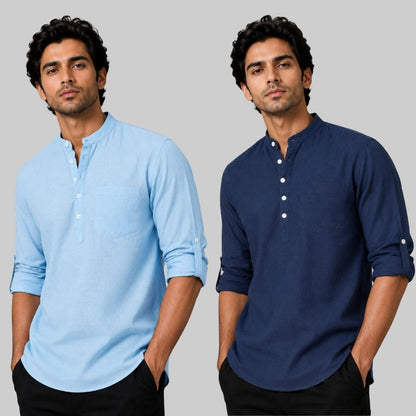 Combo of 2 Linen Solid Short Kurta Sky Blue and Navy Blue-51045