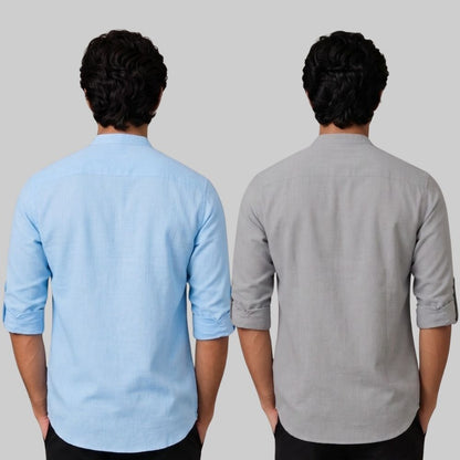 Combo of 2 Linen Solid Short Kurta Sky Blue and Off White-51052