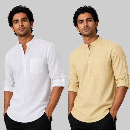 Combo of 2 Linen Solid Short Kurta White and Beige-51035