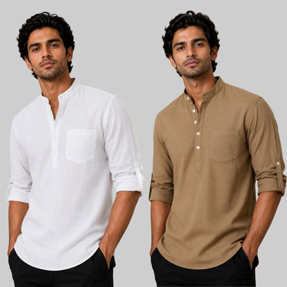 Combo of 2 Linen Solid Short Kurta White and Brown-51039
