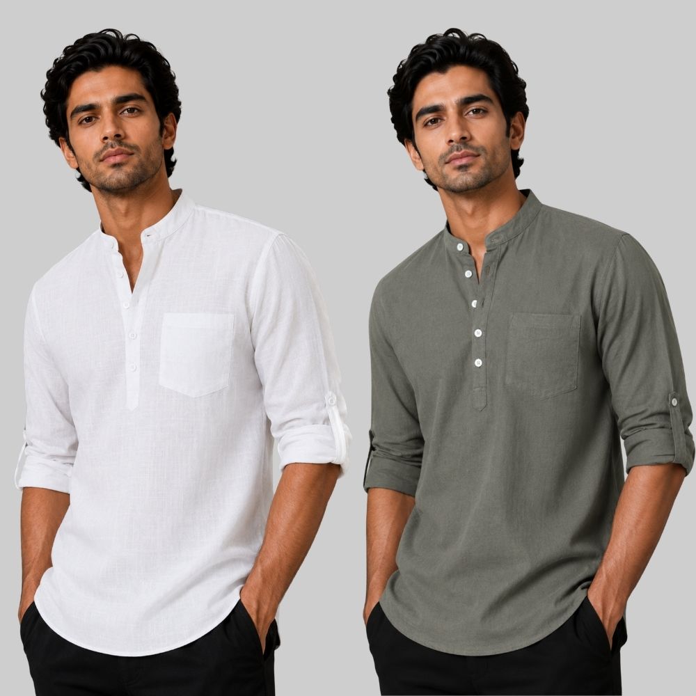 Combo of 2 Linen Solid Short Kurta White and Gray-51032