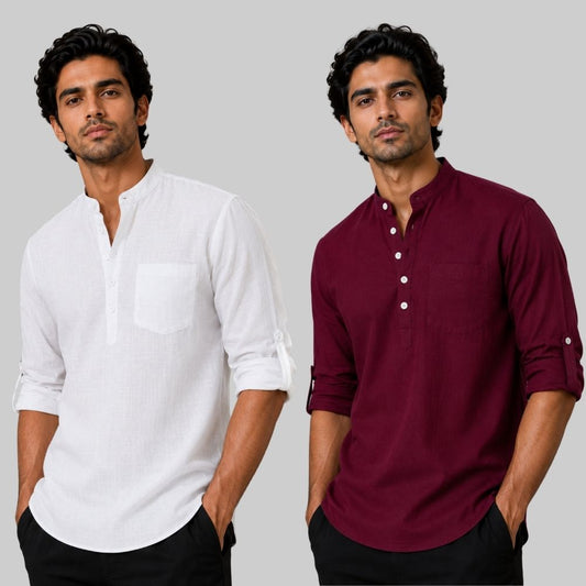 Combo of 2 Linen Solid Short Kurta White and Maroon-51031