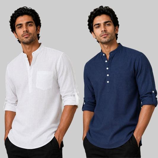 Combo of 2 Linen Solid Short Kurta White and Navy Blue-51034