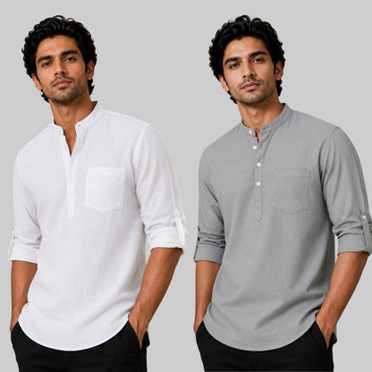 Combo of 2 Linen Solid Short Kurta White and Off White-51041