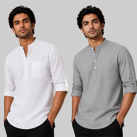 Combo of 2 Linen Solid Short Kurta White and Off White-51041
